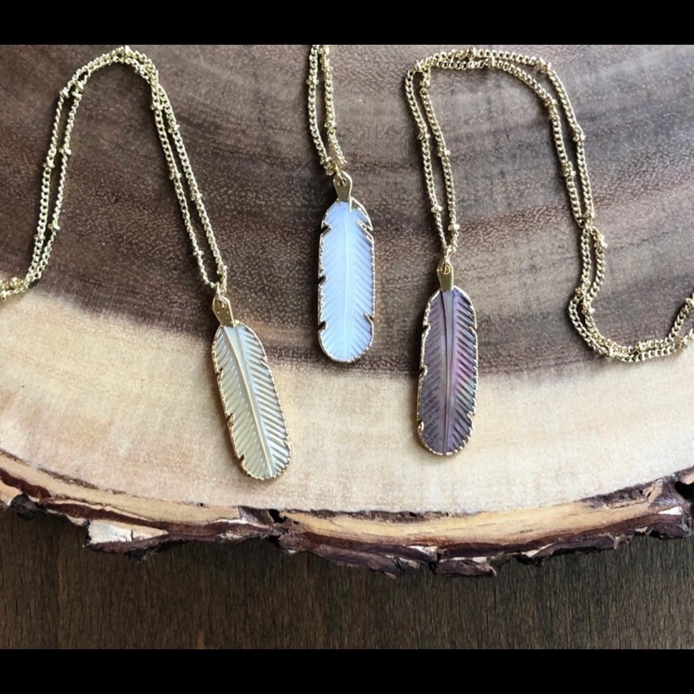 Carved Shell Feather Pendant Necklace